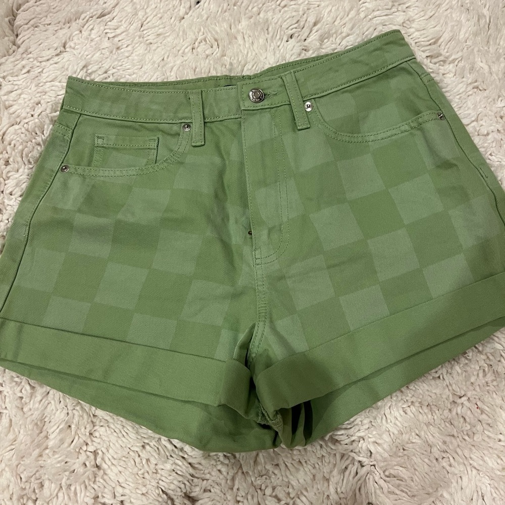Target green checkered denim shorts